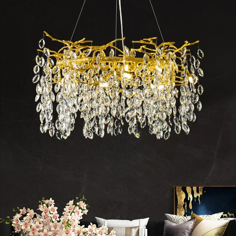 Light luxury tree-shaped ceiling chandelier, golden crystal chandelier, luxury living room matte aluminum art chandelier