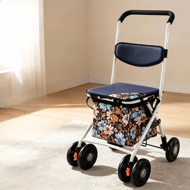 Foldable Senior Roller Walker with Seat - Lightweight Shopping Cart, Portable Grocery Trolley, Sturdy Mobility Aids for Elderly