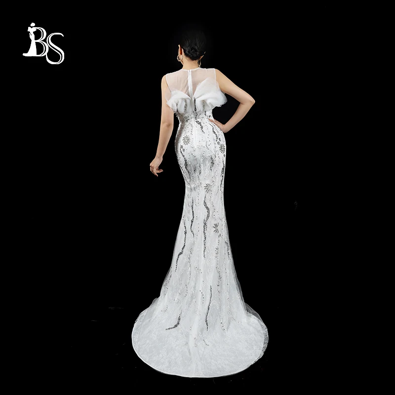 Baisha Tailored Evening Dress Sleeveless Handmade Beads Wedding Gala Dress For Women Lace Formal Dress With Tail H1589