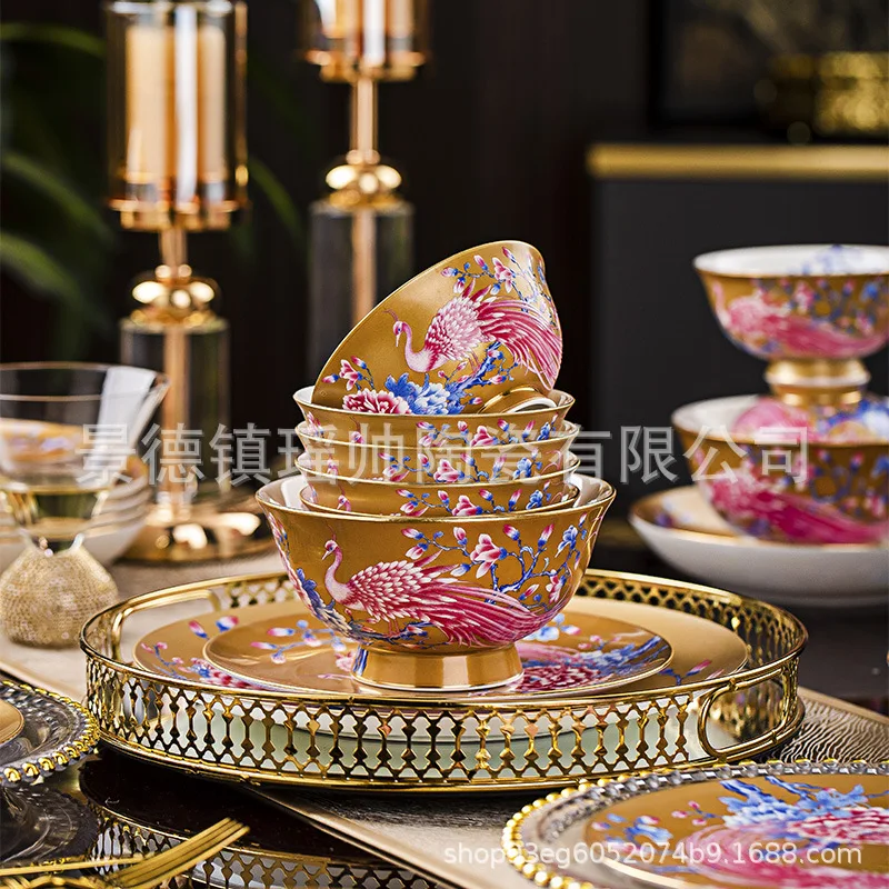 HYS Dish Set Household Tableware Set Light Luxury High-end Bone Porcelain Household Set Gift Tableware