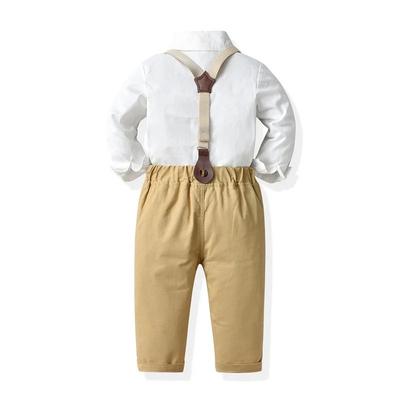 Khaki Boys Gentlemen Suit Wedding Birthday Party Ring Bearer Outfit Fashion White Shirt Suspender Pants Boys Boss Baby Outfit