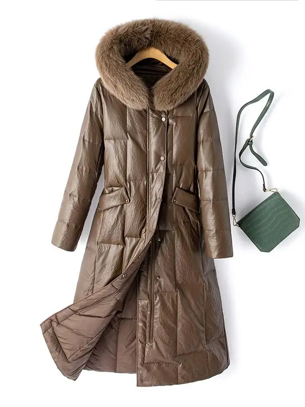 

Новая женская удлиненная куртка из натуральной овчины с капюшоном и мехом, на белом утином пуху, модель 2025 года