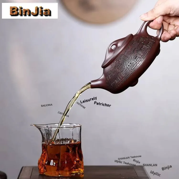 450ml Classic Yixing Purple Clay Teapots Master Handmade Stone Scoop Pot Raw Ore Purple Mud Kettle Chinese Zisha Tea Set Teaware