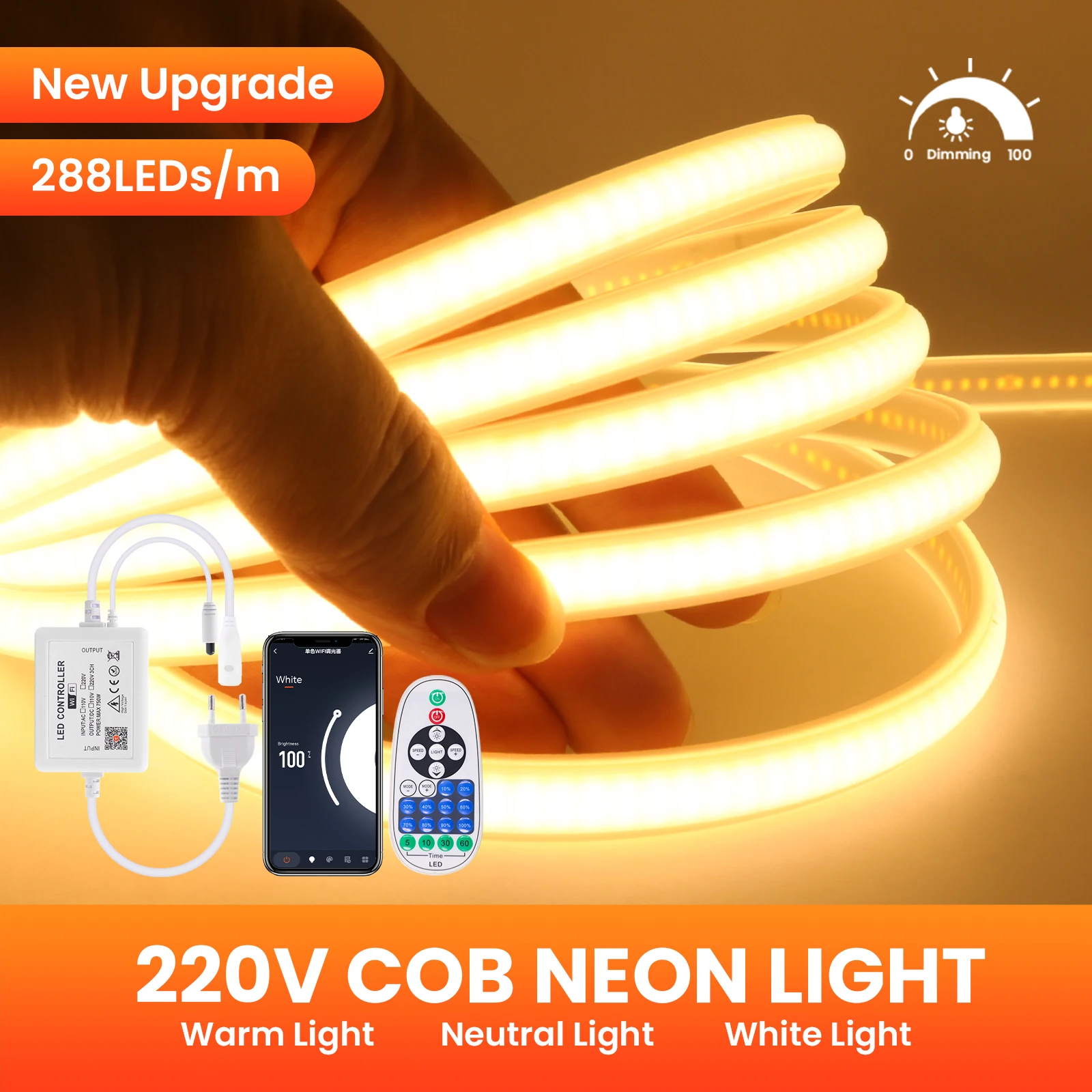 220V 110V COB NEON LED Strip 288LEDs/M WIFI Bluetooth IP65 Dimmable Flexible Ribbon Tape Diode With Panel Remote Control EU Plug