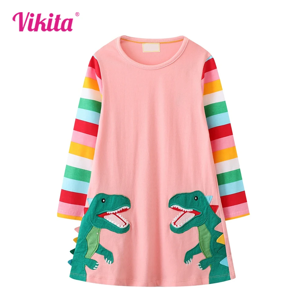 

VIKITA 2025 New Children Clothes Kids Dinosaur Cartoon Appliqued Straight Dress Toddlers Pink Striped Cotton Casual Frocks Gift