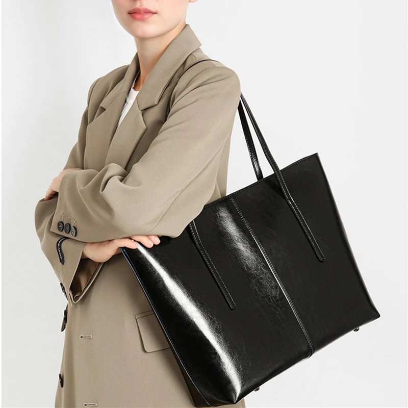 HIFASHION Genuine Cowhide Leather Tote Bags Women 2026 Casual Large Daily Work Shoulder Purses A4 Laptop Shopper Ladies Handbags