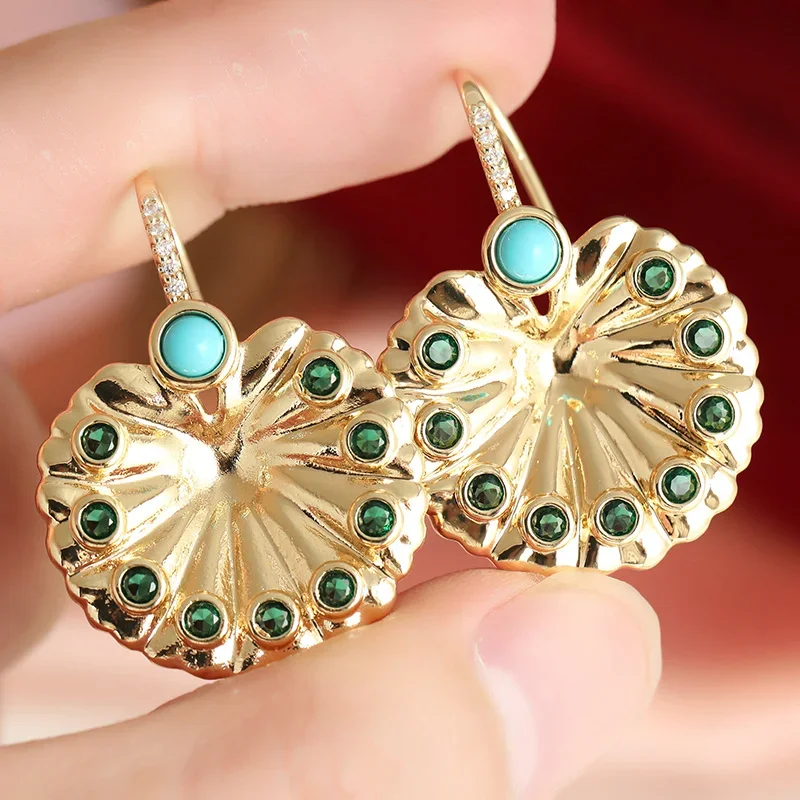 Ladies' Vintage Dangle Earrings Fan Shaped Relief Inlay Cubic Zircon Versatile Earrings Daily Commuting Vacation Jewelry