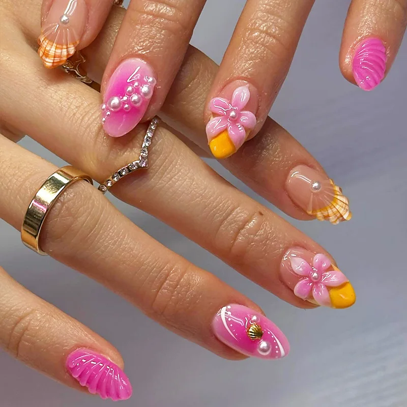 

24pcs Short Almond False Nails Blush Rose Pink Seashell Pattern French Style Fake Nails Flower Printed Press On Nail For Summer
