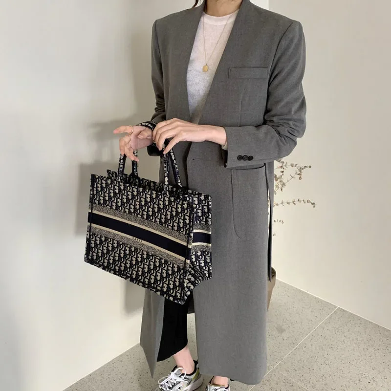 Herbst Vintage V-ausschnitt Einzigen Taste Lose Große Tasche Mid-Länge Frauen Blazer Grau Casual Lose Langarm Anzug Jacke mantel