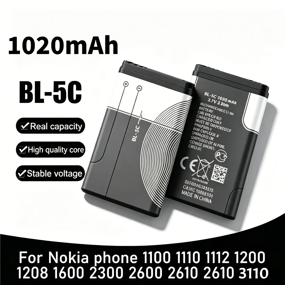 3.7V 1020mAh BL5C BL-5C Replacement Li-Polymer Battery for 1100 1200 1280 2300 2600 2700 3100 3110 5130 6230 1600