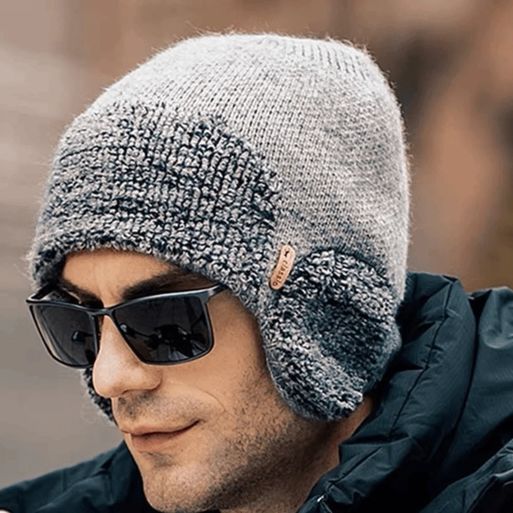 Geschenk Warme Strickmütze Kältebeständige Klassische Ohrenklappmütze Pullover-Design Winddichte Mütze Winter Herbst – Detail 7