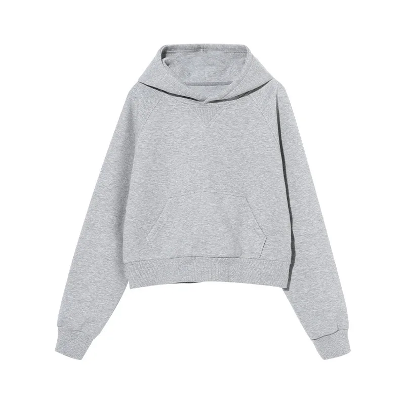 Grey Short Hooded Sweater 2025 Autumn and Winter Plus Velvet Loose Hoodie Women's Blouse
