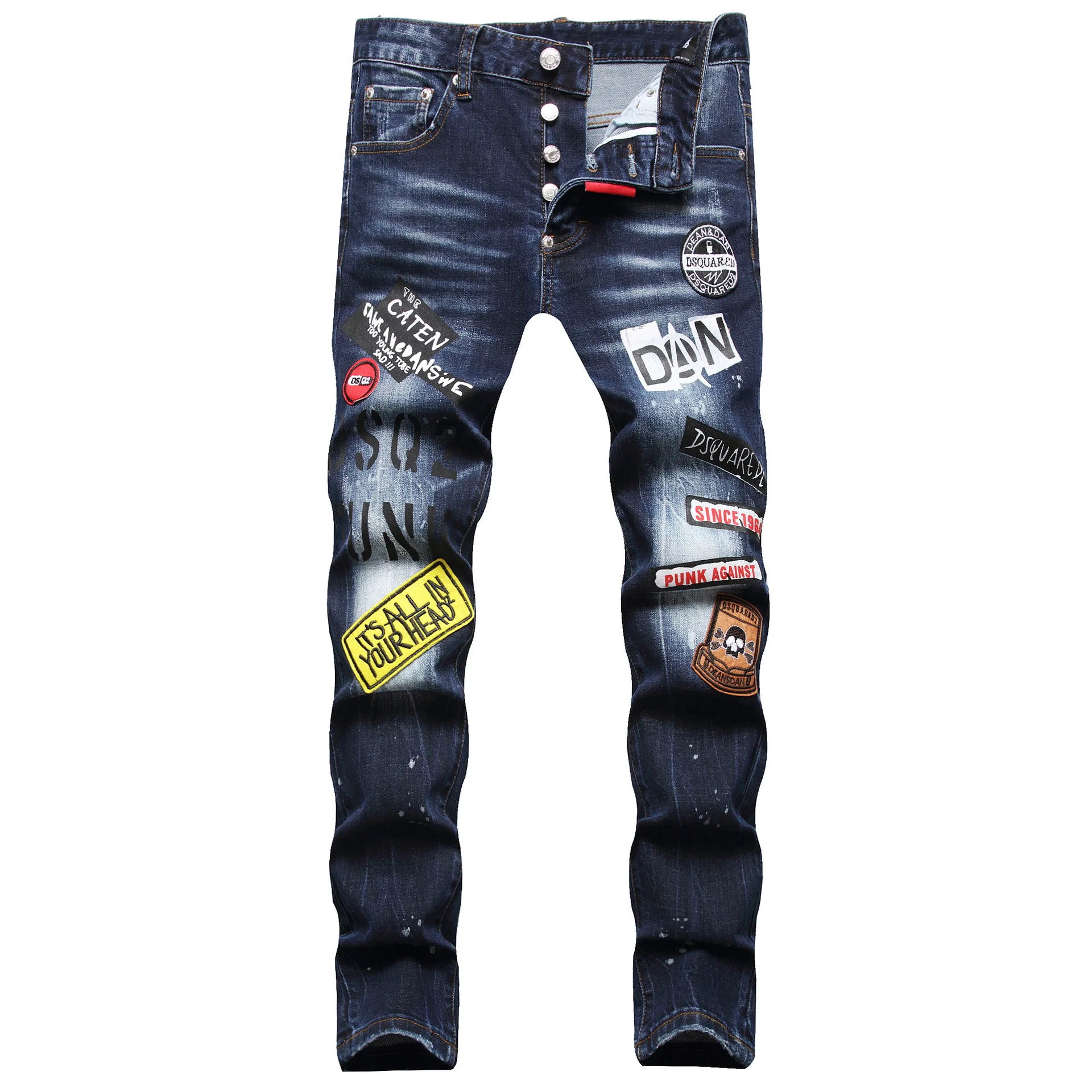 Jeans de elástico slim fit masculino com pés pequenos, jeans apertado, high-end, tinta esfarrapada, novo, quatro estações, maré, 2023