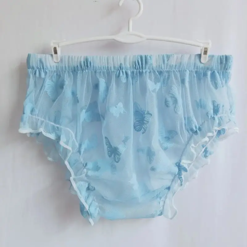 

Couple Transparent Floral Print Mesh Lingerie Plus Size Sexy Thin Soft Underwears Japanese Style Cute Mid Waist Ruffled Briefs