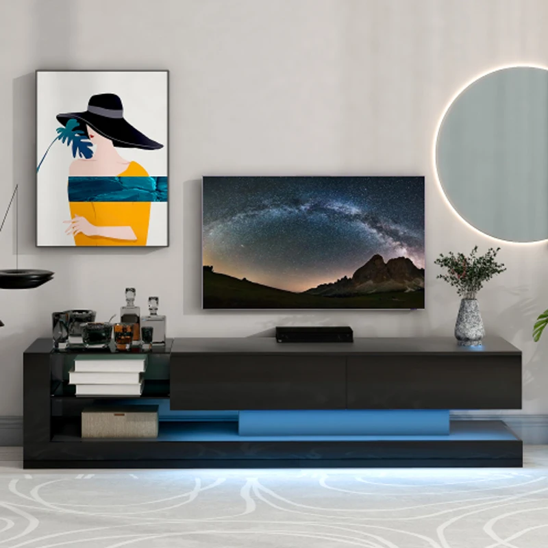 TV Stand with Two Media Storage Cabinets Modern High Gloss Entertainment Center for 75 Inch TV,16-color RGB LED, Black