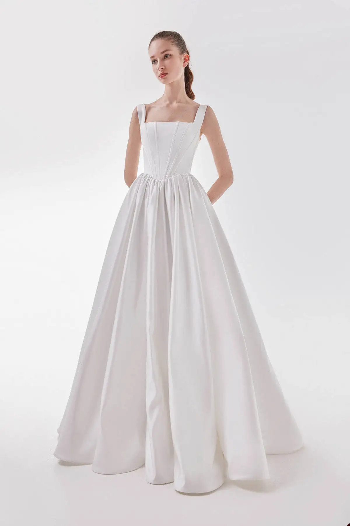 Classic A Line Vestido De Novia Square Collar Strap Wedding Floor Mini Midcalf Length Pleats Sweep Train Satin Bridal Dress