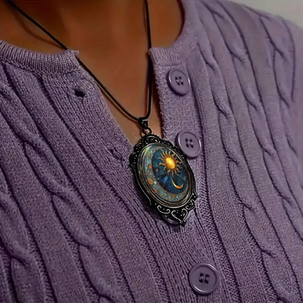 Creative Gift Vintage Gothic Glass Pendant Sun Moon Style Flower Pattern Halloween Rope Chain Jewelry Accessories