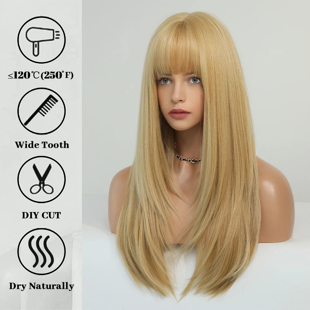 Blonde Long Straight Hair Wig Women Wig with Bangs Heat Resistant Synthetic Wig Halloween Cosplay Daily Natural Fake Hair