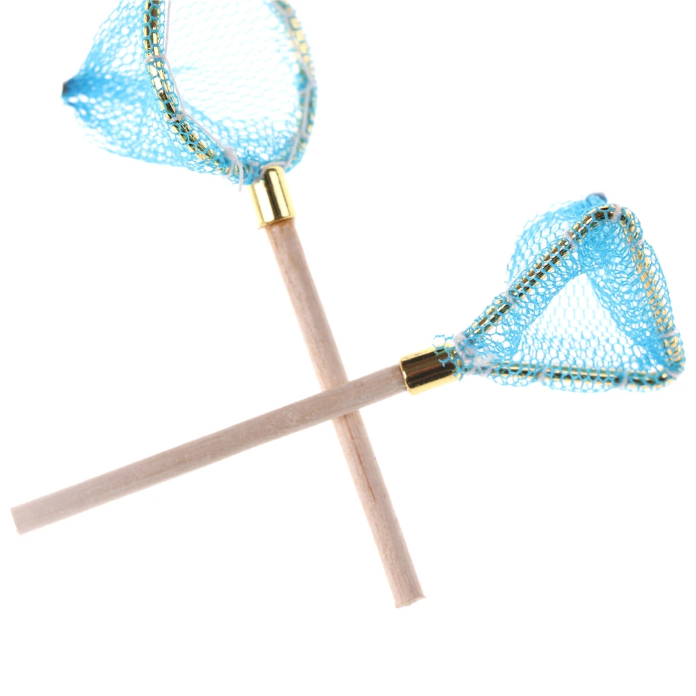 2 stks/set poppenhuis miniatuur visnetten met houten handvat poppenhuis leven scène outdoor decor sport speelgoed accessoires