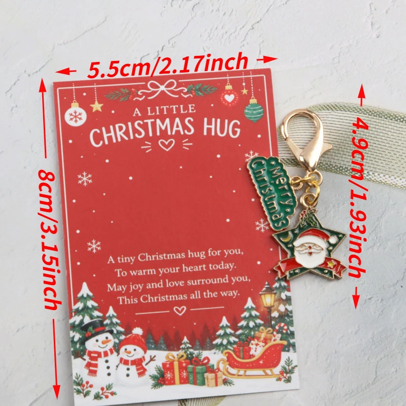 20/24pcs 2dChristmas season five-pointed star Santa Claus letter charm keychain，Comes with a red Christmas-themed greeting card，