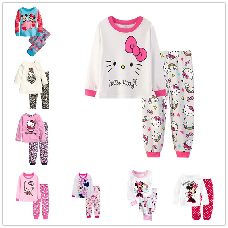 

Hello Kitty Girls Spring and Autumn New Cotton Long-Sleeved Home Service Children's Cartoon T-shirt +Pants Pajamas Underwear Set