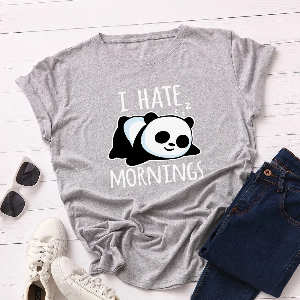 I HATE Mornings Letter Panda Print T Shirt Women Short Sleeve O Neck Loose Tshirt Summer Women Tee Shirt Tops Camisetas Mujer