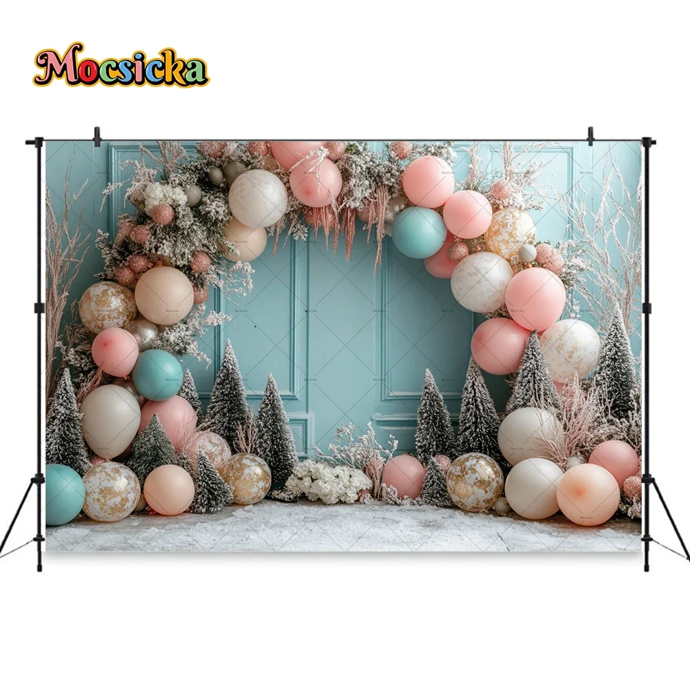 Christmas Arch Balloon Background Photography Snowy Xmas Tree Gift Blue Backdrop Girl Birthday Wedding Party Family Photo Studio