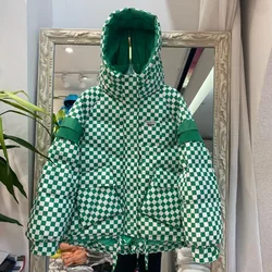 Women's Green Checkerboard Down Jacket Winter Oversize Loose Parker Clothes 2024 Korean Thickened Fashion White Duck Puffer Coat