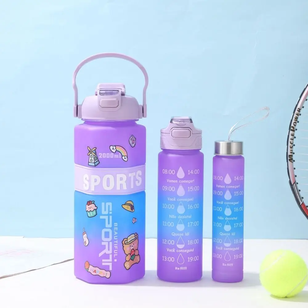 Three Piece Set Sports Water Bottle Set Hexagon Large Capacity Leak Proof Colorful Cup Frosted Cartoon Stickers