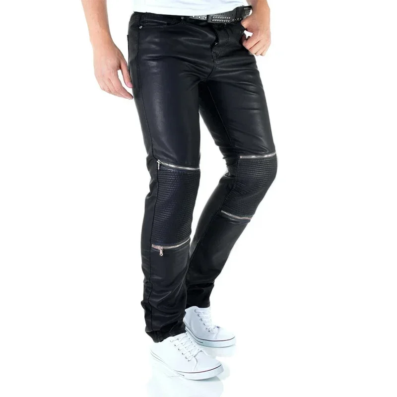 Men's Matte Motorcycle Leather Pants Four Zip Black Stretch PU Pencil Pants with Pocket Male Bodycon Trousers Clubwear Custom