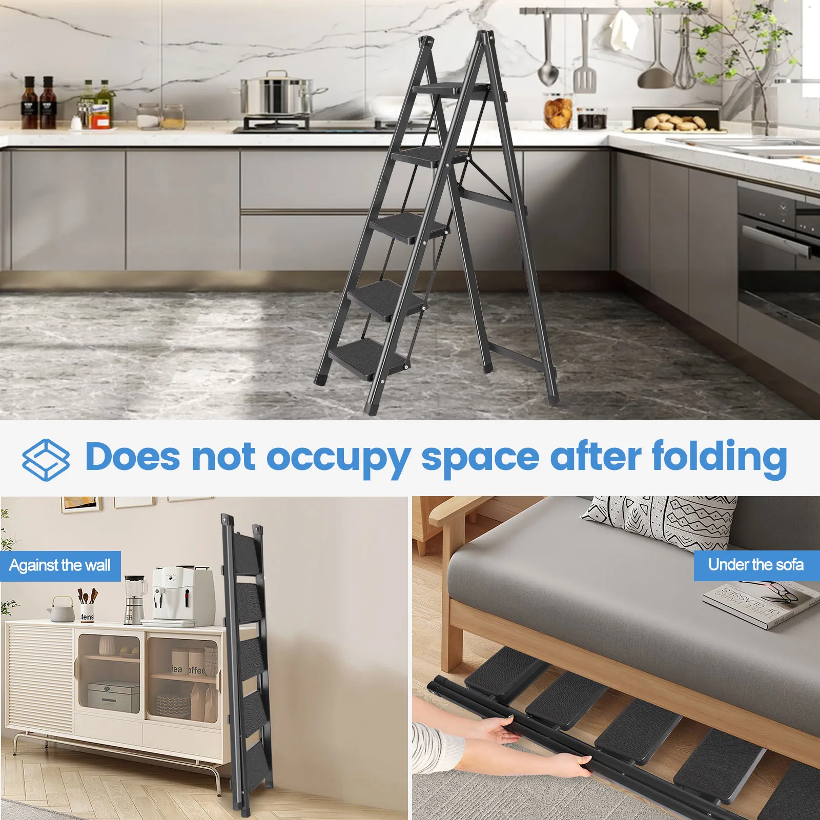 معالجة غير قابلة للانزلاق، سلم منزلي متعدد الوظائف قابل للطي، سلالم متعرجة قابلة للتمدد، متعددة الوظائف بخمس خطوات #4
