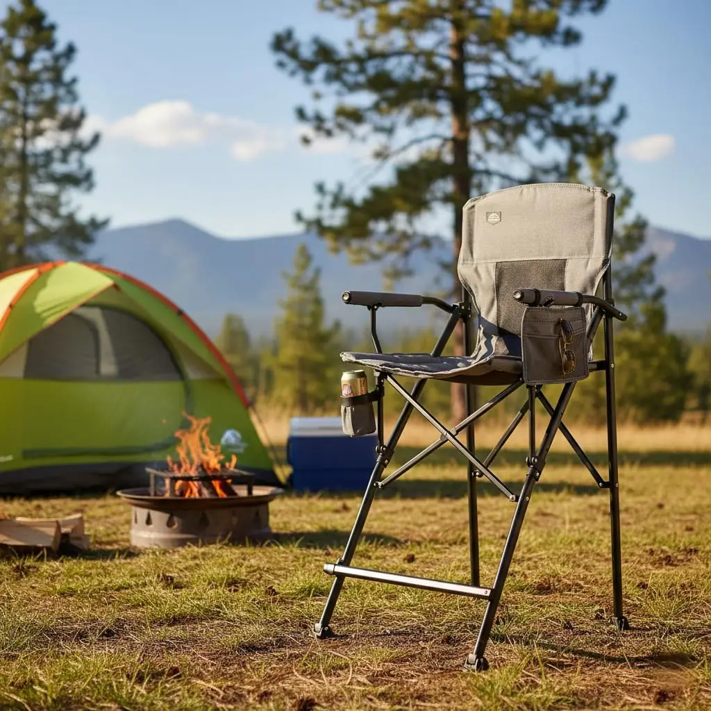 LANMONTAIN 2 Pack Tall Folding Camping Chairs,30.7'' Seat Height Portable Hard Arm Bar Chairs w/Cup Holder,Side Mesh Pocket and