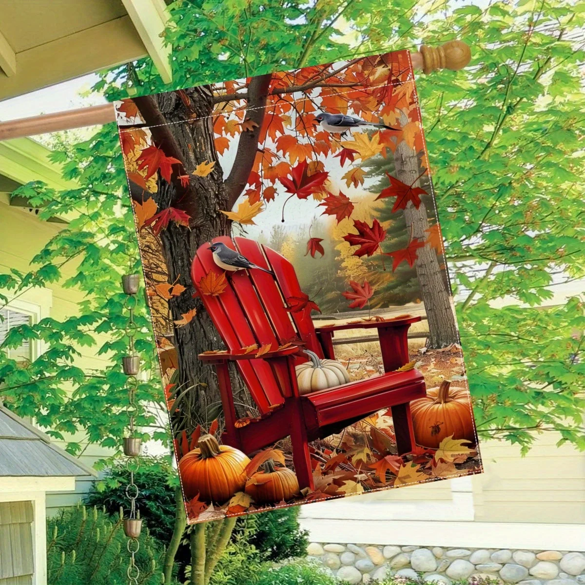 Autumn Sunset Garden Flag - Double-Sided Polyester Autumn Outdoor Decor with Maple Leaf, Pumpkin, Chair and Bird Patterns, 28x40 Inches, for Lawns and Yards, No Electricity Required - 1 Piece