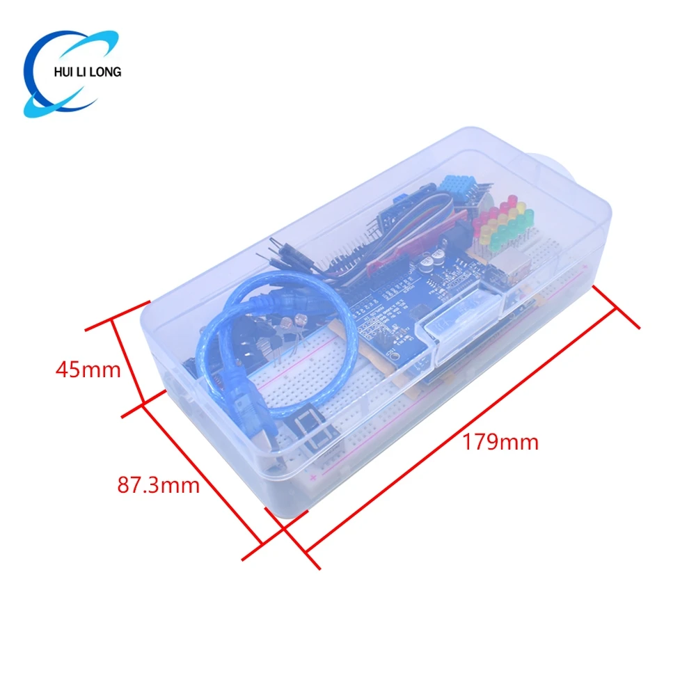 Starter Kit für Arduino Uno R3 Breadboard Basic, einfaches Lernset, Ton-/Wasserstand-/Feuchtigkeits-/Entfernungserkennung, LED-Steuerung