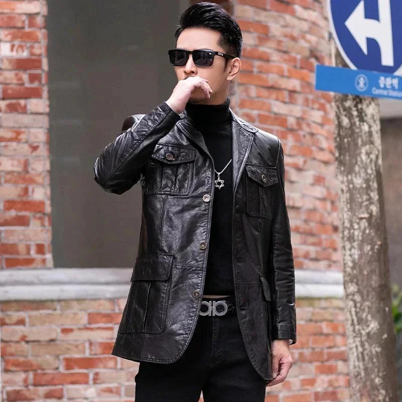 First Layer Oil Wax Cowhide Suit Coat Spring and Autumn Black Genuine Leather Jacket Men's Business Casual Cow Clothing