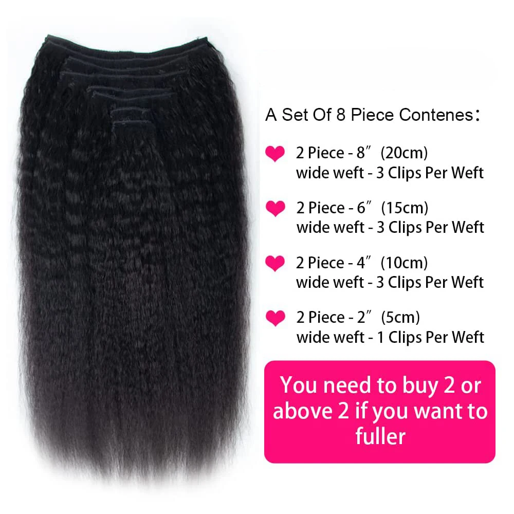 Extensiones de cabello humano virgen brasileño para mujer, 8 unidades por juego, 18Clips, Color negro Natural