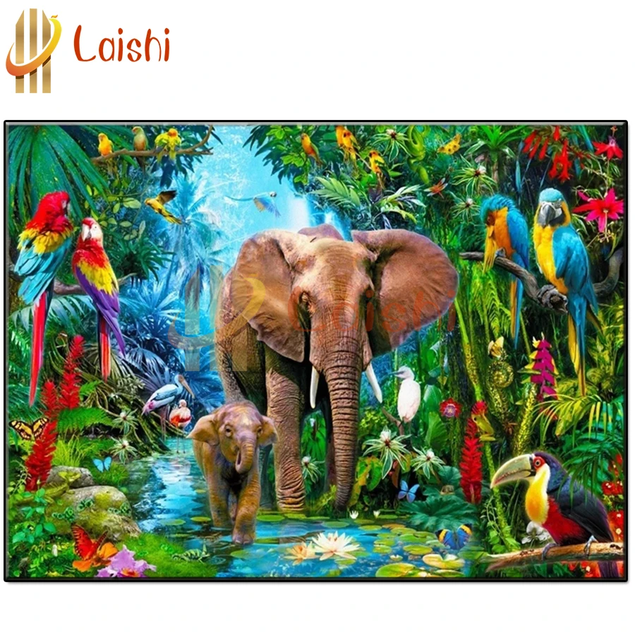 

Forest animal landscape, parrot elephant diamond embroidery diamond painting full square round diamond mosaic art home decor