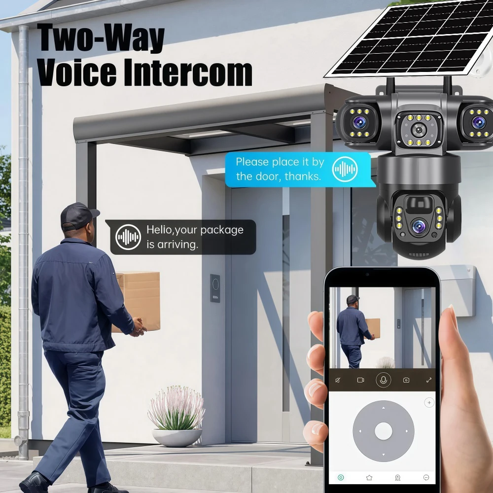 Wi-Fi Солнечная камера Открытый 3-объектив Трехэкран Солнечная IP-веб-камера PIR Обнаружение человека CCTV Видео Батарея PTZ IP-камера