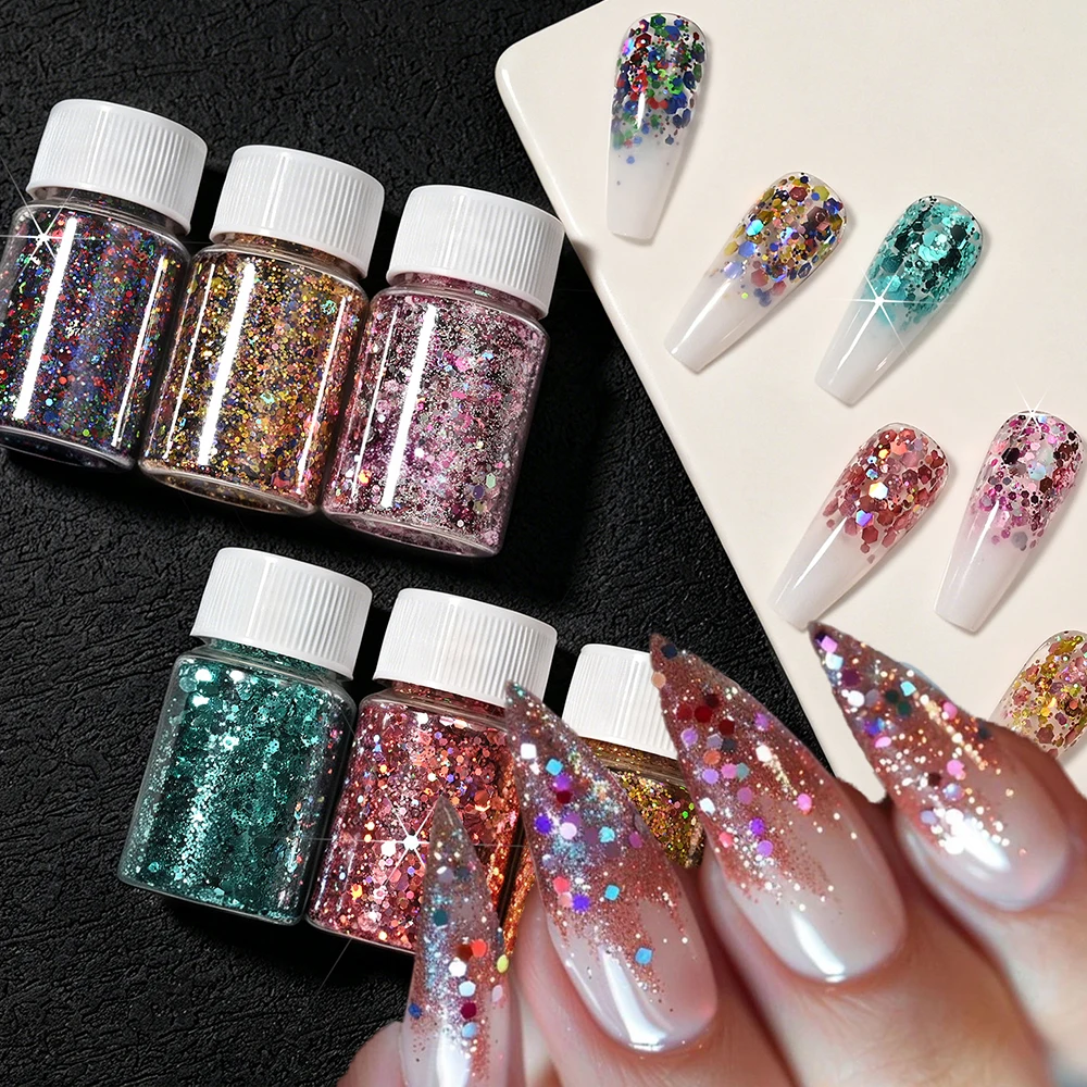 

6/11 Bottles Iridescent Hexagon Sequins Nail Glitter Holographic Chunky Mixed Color Mirror Flakes Nail Powder DIY Nail Art Decor