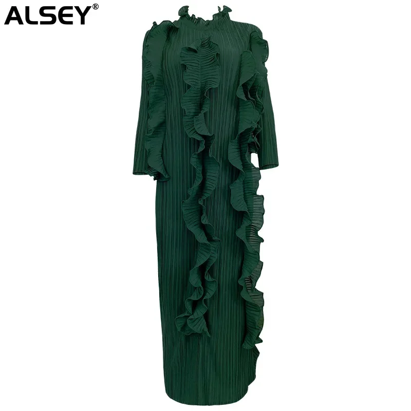 

ALSEY Miyake Pleated Elegant Long Sleeve Dress Autumn New Temperament Women Slim Streetwear Fashion Solid Color Dresses