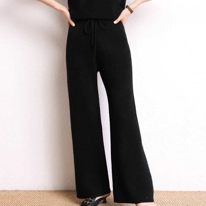 2024 Winter 100% Cashmere Pants Women Wide Leg Pants Knitting Pants Autumn Soft Warm Trousers For Female