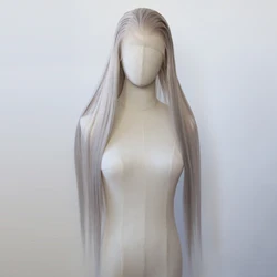 Light Grey Synthetic Lace Front Wig Long Straight Silver Grey Synthetic Wig Pre Plucked Heat Resistant Hair Wig