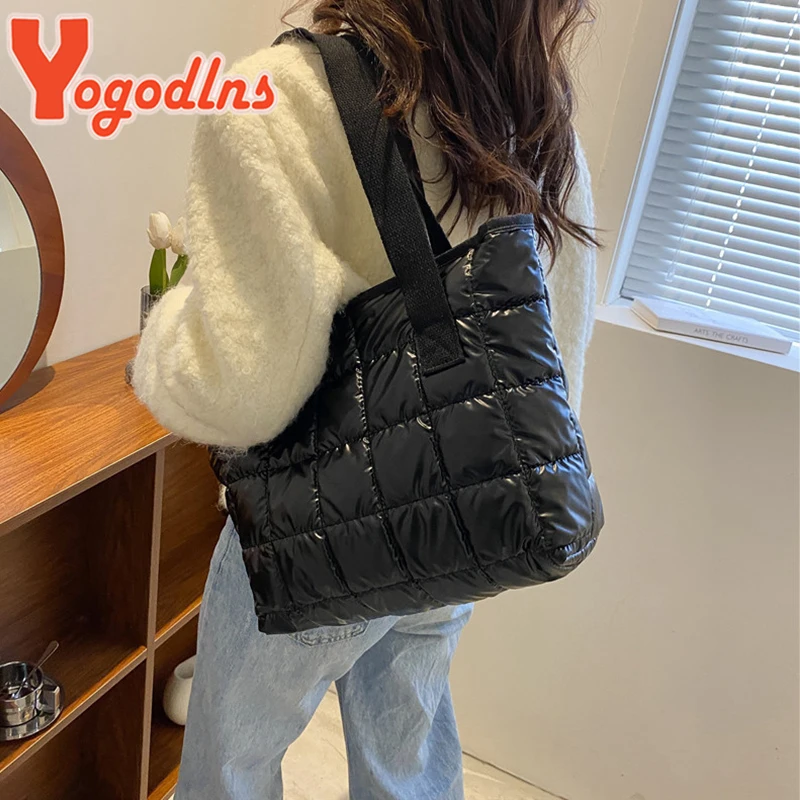 Yogodlns Winter Lozenge Tote Bag Space Cotton Handbag Large Capacity Shoulder Bag Warm Down Handbag Casual Portable Handle Bag