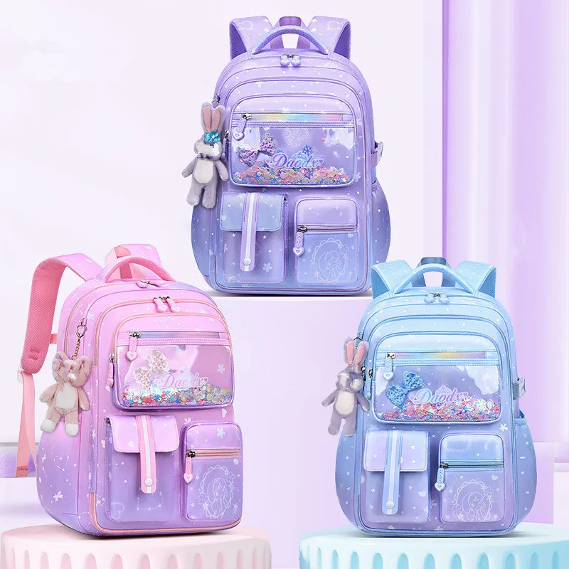 Mochila escolar con nudo de lazo primario con colgante de conejo para niñas, mochila de ortopedia para niños, mochila escolar impermeable Kawaii, mochilas de nailon