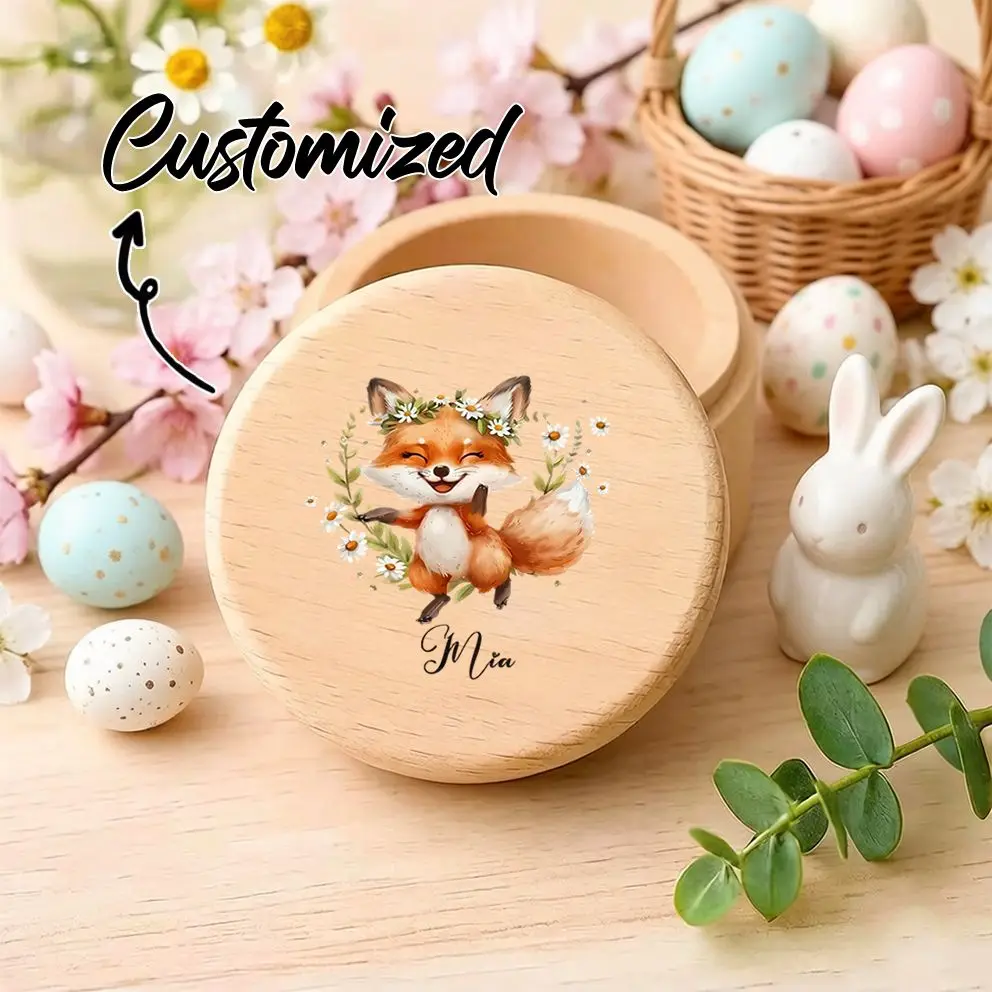Personalized Wooden Round Long Memory Tooth Box with Cute Fox And Floral Design Custom Name Commemorative Box for Storing Teeth