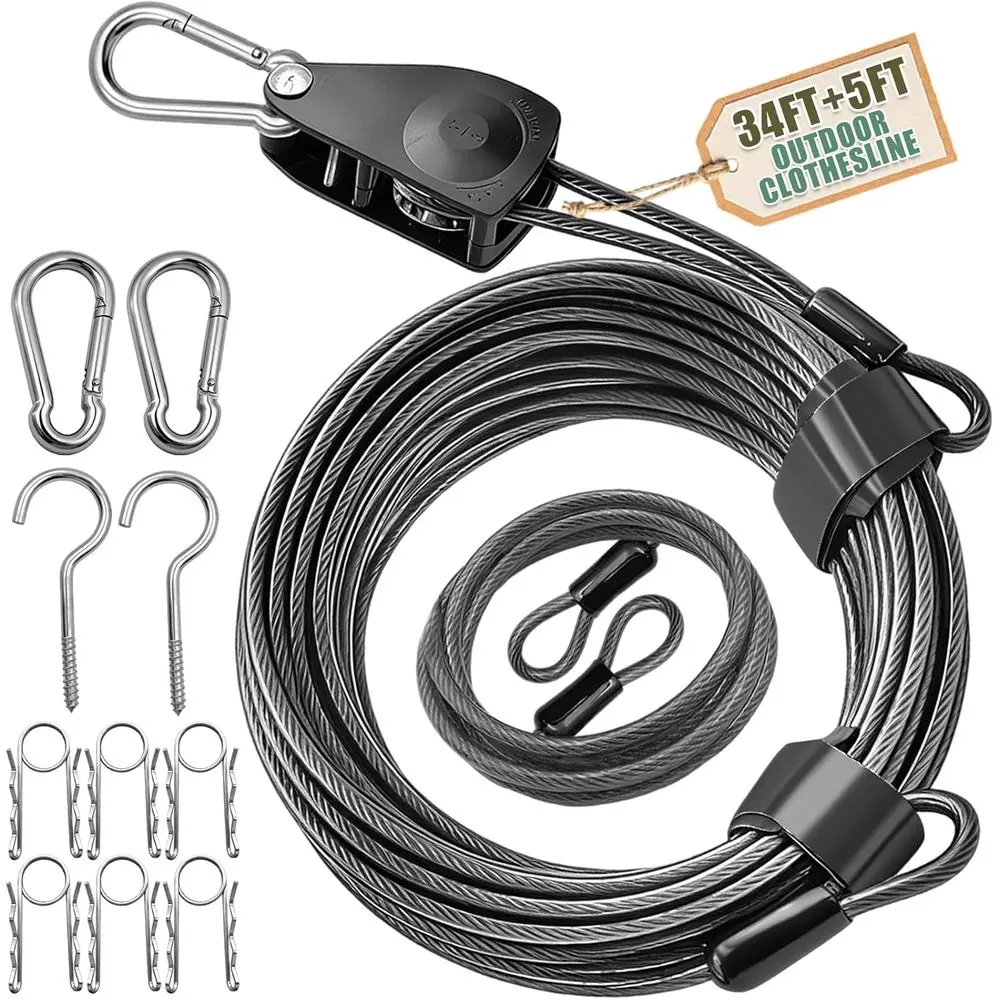 Portable Heavy-Duty 3/16 Steel Clothesline with Windproof Clamps for Outdoor, Camping, and Travel Use