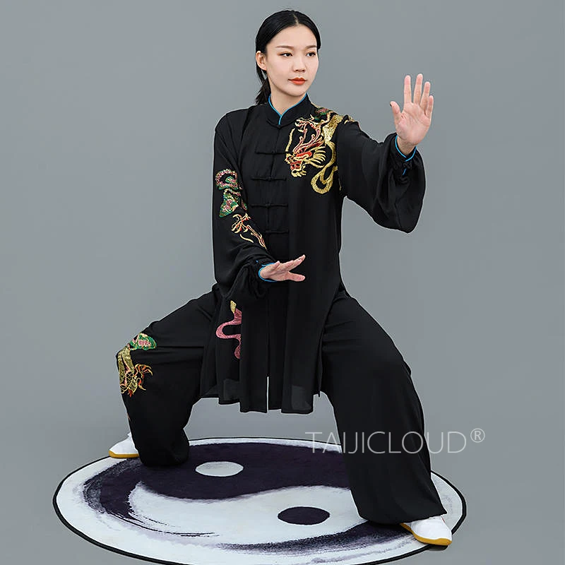 Tai chi suits for men and women, practice attire with gauze-applied embroidered dragons for performance