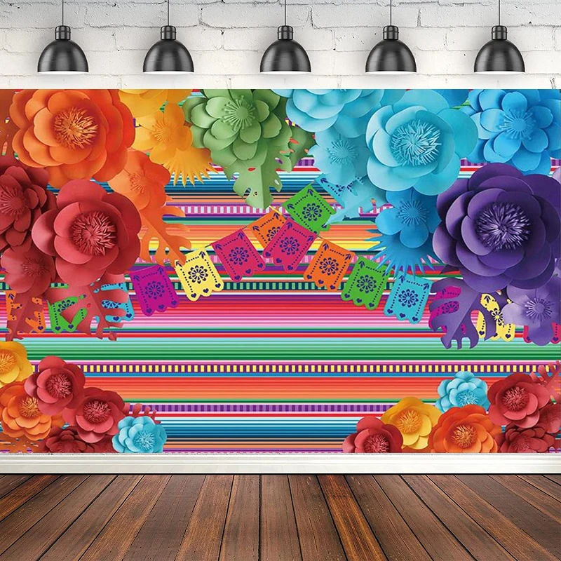 Mexico Fiesta Theme Photography Backdrops Paper Flower Color Stripe Cinco De Mayo Party Decor Background Baby Shower Banner