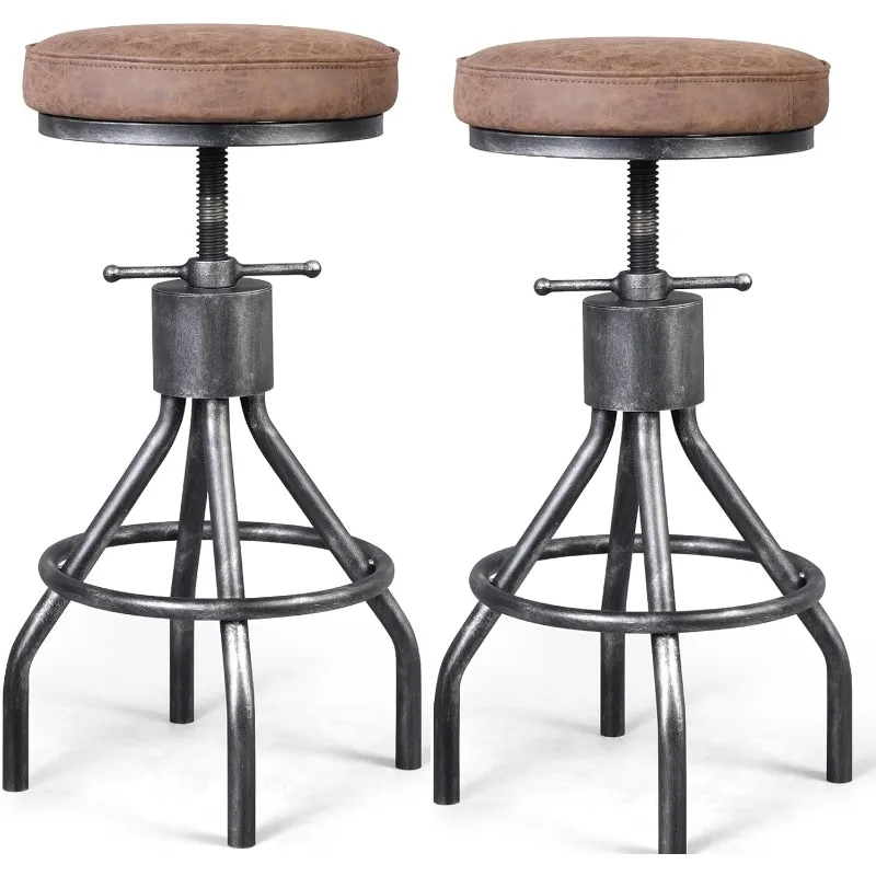 

Industrial Bar Stools Swivel Pu Seat Vintage Kitchen Island Counter Stool 23-33inch Height Adjustable Rustic Shop Chair