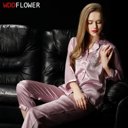 100% Pure Silk Women's Embroidery Pajama Set Sleepwear Nightgown M L XL YM006